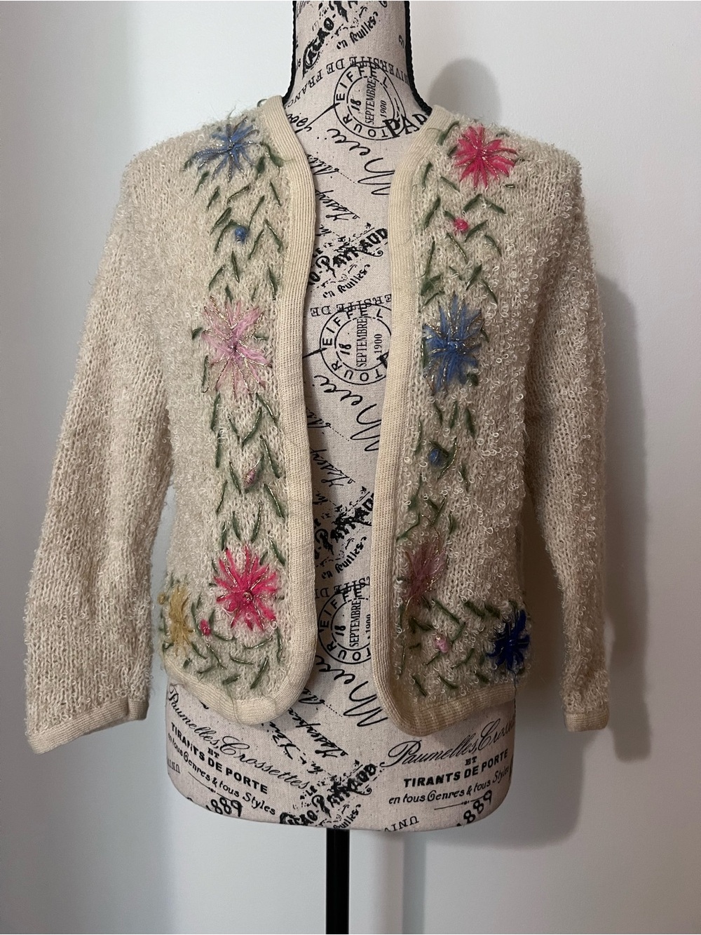 Vintage Rosanna Floral Embroidered Boucle Knit Cardigan
